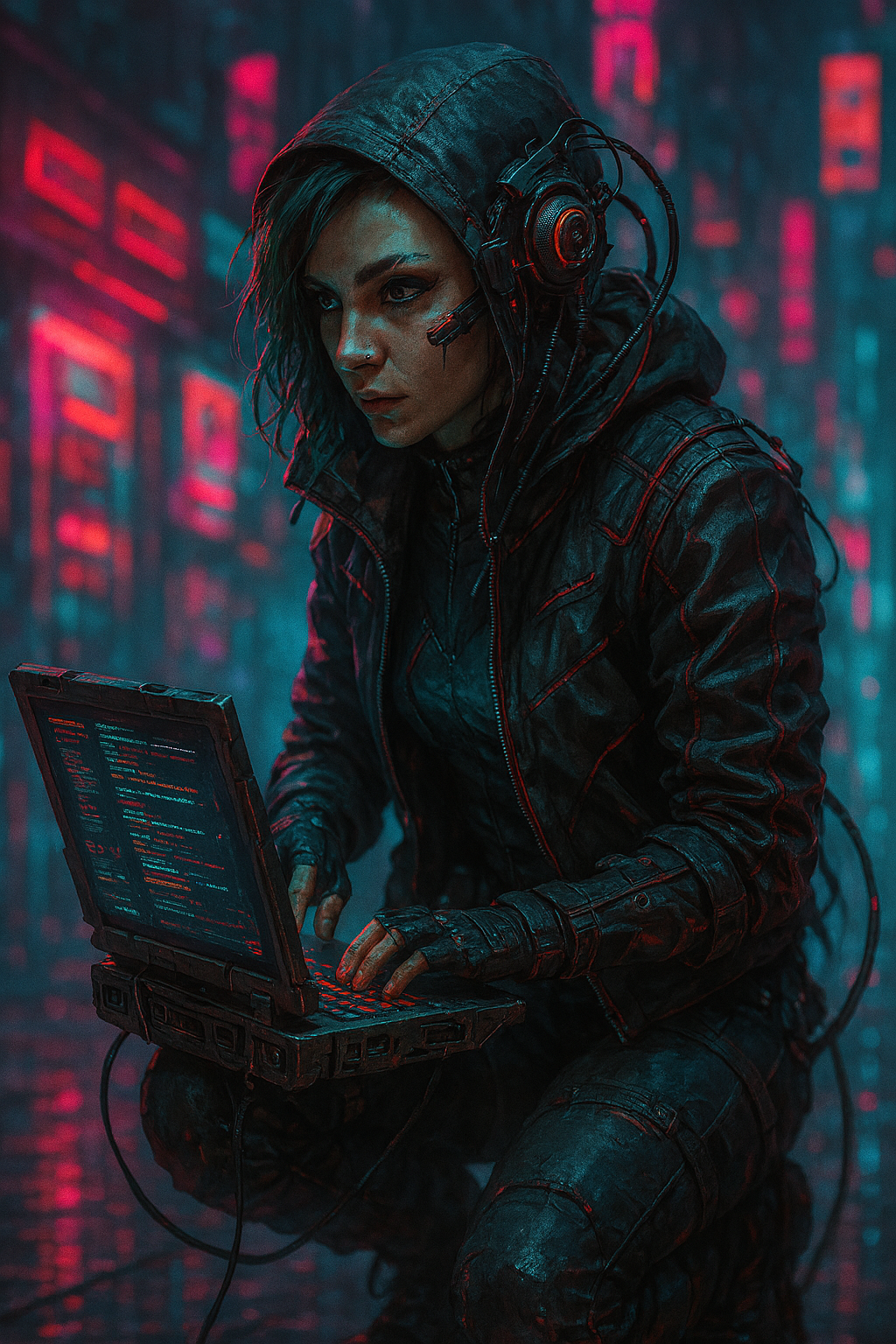 Spieler:in in einer neonbeleuchteten Gasse