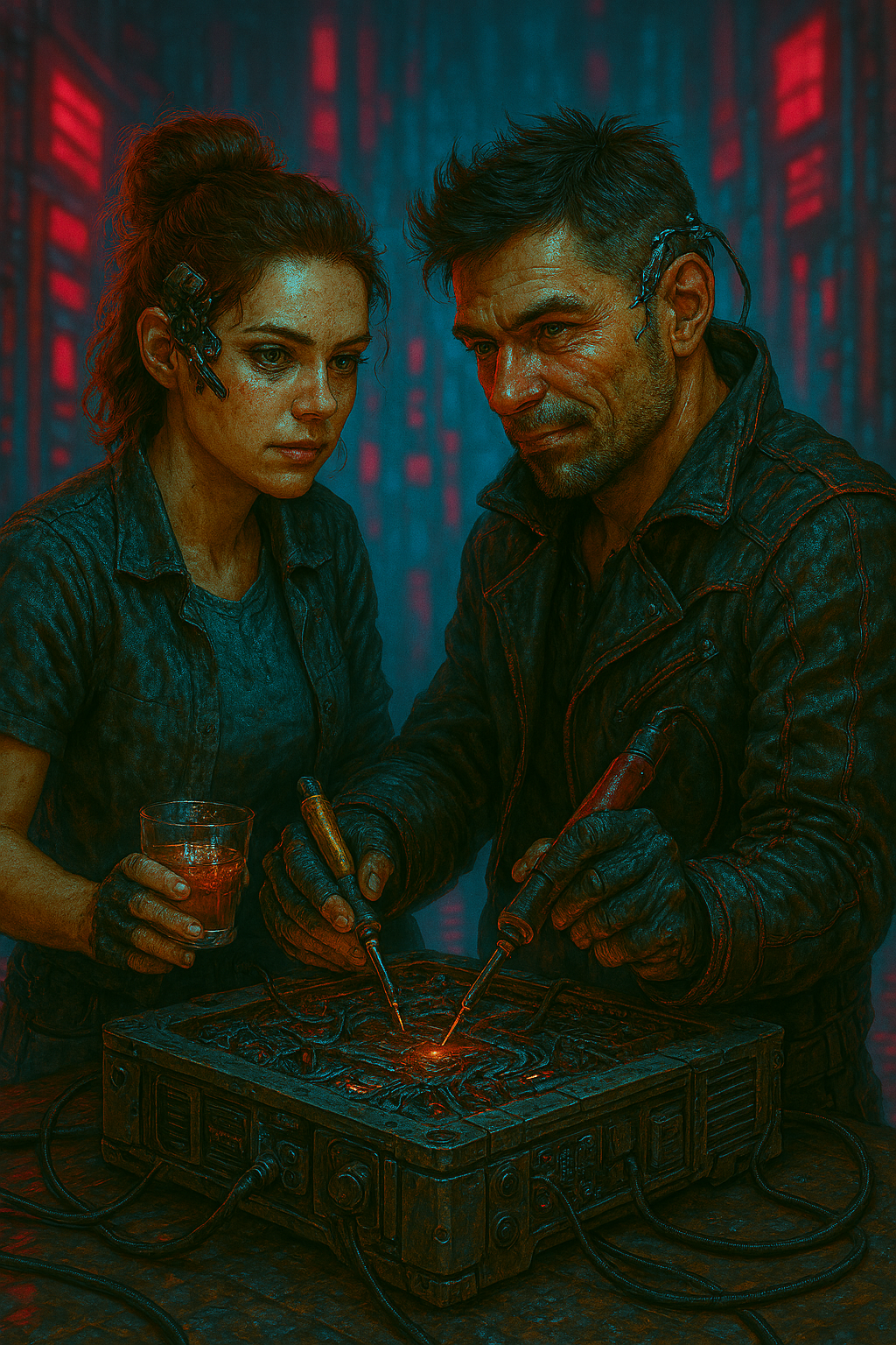 Aufbauhelfer in einer Neon-Werkstatt