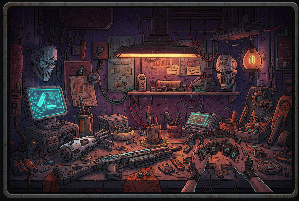 Werkbank mit handgefertigten Cyberpunk-Requisiten